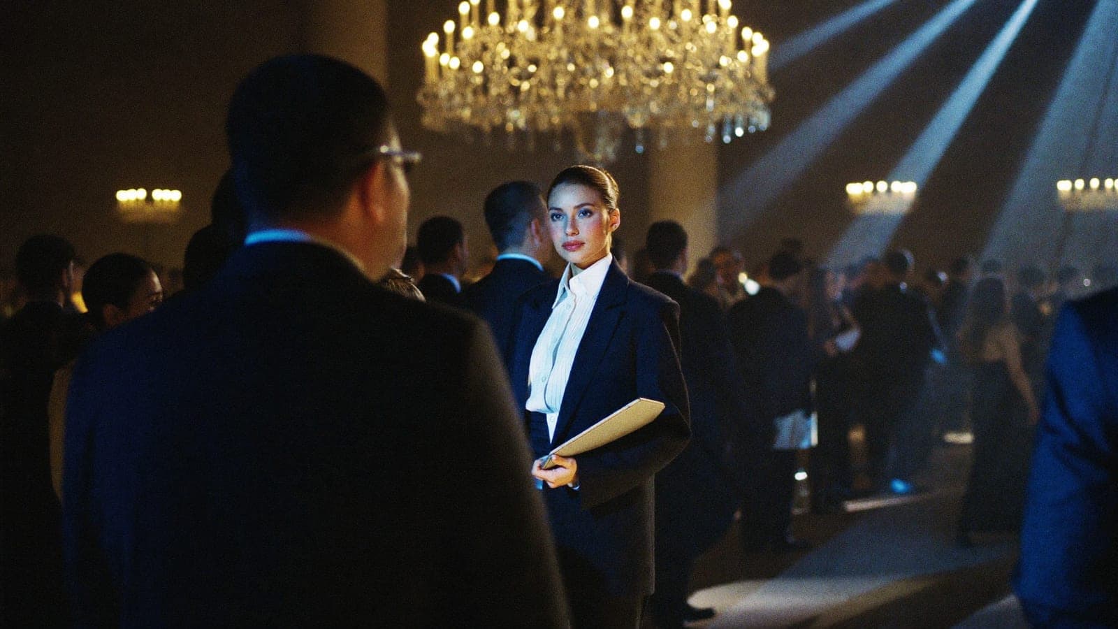 Event planner with a clipboard moving calmly through a chandelier-lit gala crowd